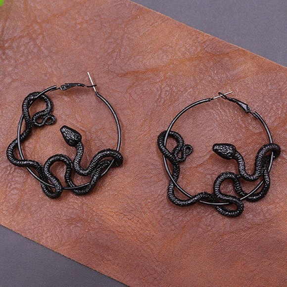 Any 2/$20! Black Coiled Serpent Hoop Earrings - Picture 3 of 10
